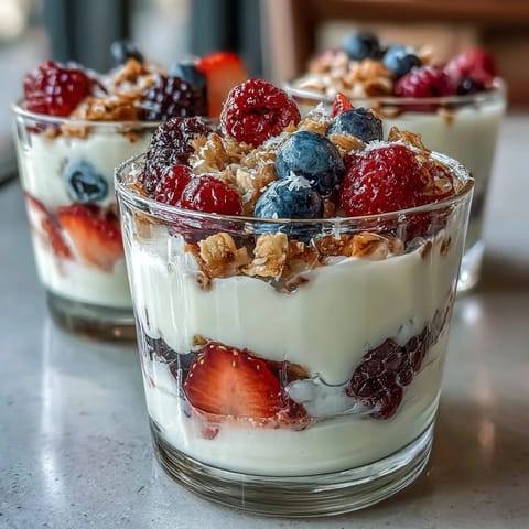 Vibrant Mothers Day brunch yogurt parfait bar with fresh berries, crunchy granola, and colorful fruit toppings for a festive family gathering.