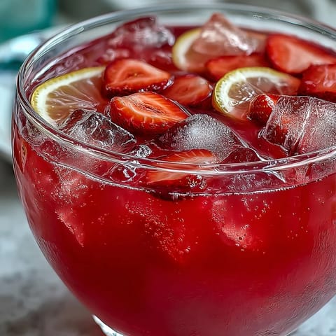 A vibrant pink lemonade punch with citrus slices, berries, and mint, perfect for spring celebrations.