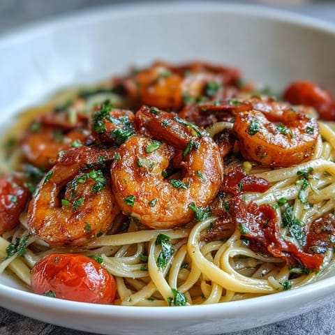 A steaming skillet of one-pot garlic shrimp with angel hair pasta, bursting with vibrant cherry tomatoes and fresh herbs.