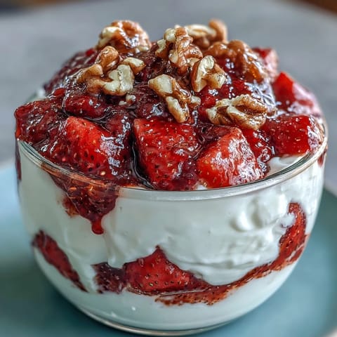 Fresh strawberry compote spooned over creamy Greek yogurt, topped with crunchy nuts and a honey drizzle.