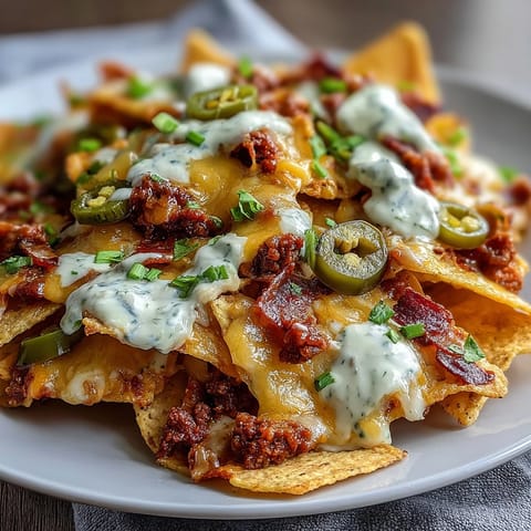 Crispy tortilla chips loaded with seasoned beef, melted cheese sauce, and tangy jalapeños for a perfect game day appetizer.  