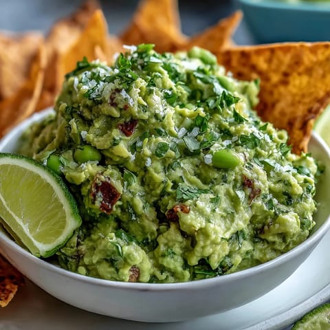 Creamy avocado and edamame guacamole served with crisp, golden pita chips for a fresh, protein-packed snack.