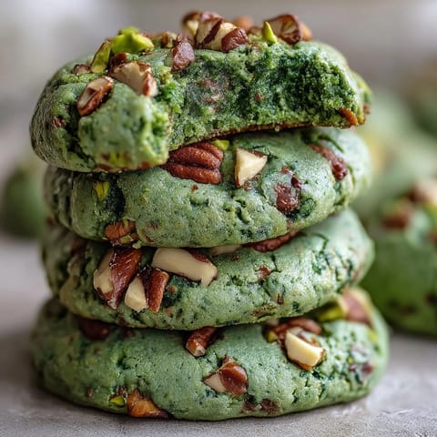 Vibrant green pistachio pudding cookies with chopped nuts and white chocolate chips, perfect for St. Patrick's Day celebrations.