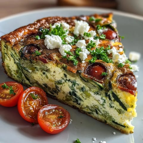 Healthy Easy Spring Veggie Frittata with asparagus, spinach, and feta, baked golden and fragrant with fresh herbs.  
