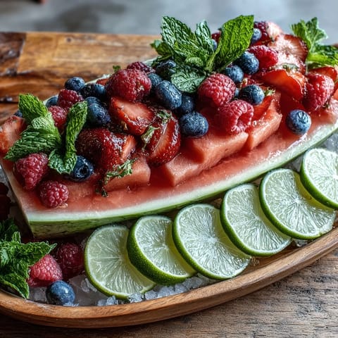 Vibrant watermelon carving board filled with fresh berries and mint, perfect for summer gatherings and parties.  