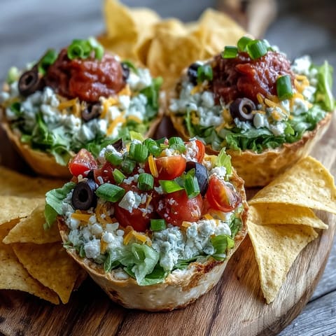 Festive individual Easy Taco Dip Cups layered with cheese, lettuce, and salsa for Cinco de Mayo.  