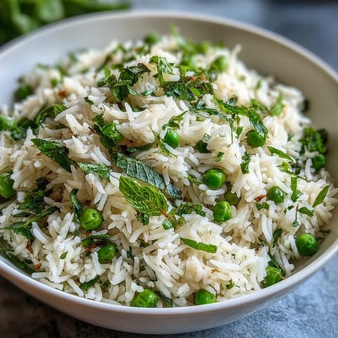 Spring Pea and Mint Rice Pilaf with fresh peas and mint in a serving bowl.