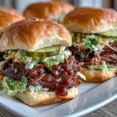 Tender BBQ baby shower brisket sliders with smoky pulled beef, tangy sauce, and crisp slaw on soft buns—ideal for parties.  