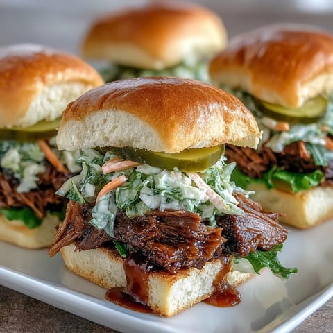 Juicy, slow-cooked brisket piled high on slider buns, topped with creamy slaw and rich BBQ sauce for a crowd-pleasing bite.  