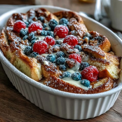 Fluffy pancake casserole with fresh berries and creamy custard, baked to golden perfection for a cozy Mothers Day brunch.
