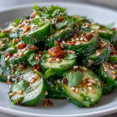 Crisp Asian cucumber salad with sesame and rice vinegar, tossed with green onions for a tangy, refreshing side dish.