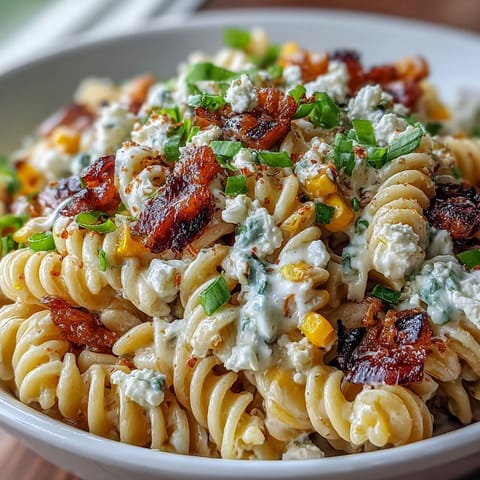 A colorful bowl of Elote Corn Pasta Salad with creamy dressing, charred corn, and crumbled Cotija cheese.