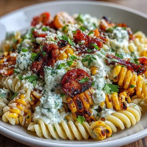 Colorful Mexican-inspired Elote Pasta Salad with charred corn, crumbled Cotija, and a tangy chili-lime dressing.