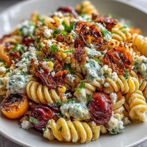 Vibrant Elote Pasta Salad with Cotija, chili, and lime, showcasing creamy corn, fresh cilantro, and zesty dressing.