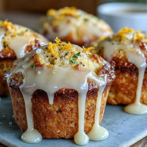 Bright lemon poppy seed muffins with a glossy citrus glaze, perfect for a fresh spring brunch spread.