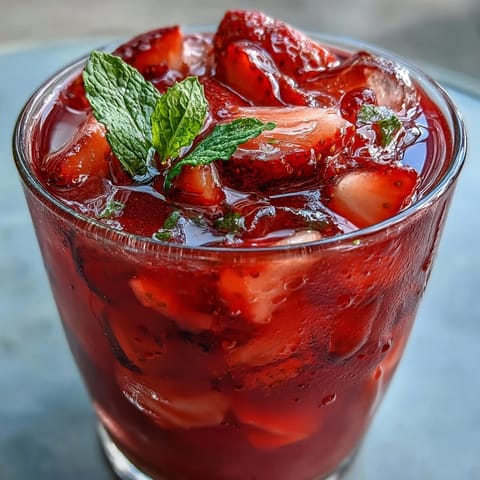 A refreshing homemade Starbucks Strawberry Açaí Refresher with vibrant red strawberries and açaí powder in a chilled glass.  