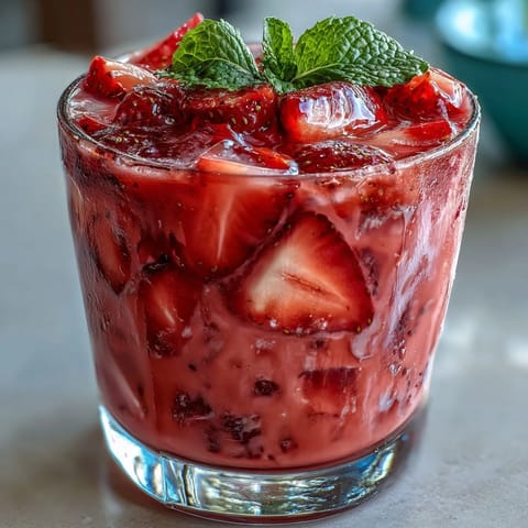 Cold, fruity Starbucks Strawberry Açaí Refresher with ice, fresh strawberry slices, and a hint of green coffee extract for authentic flavor.  