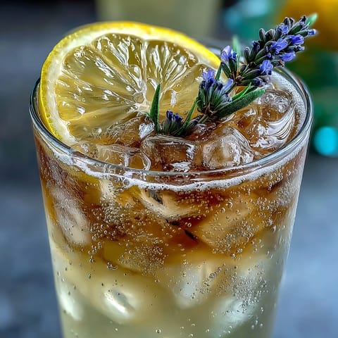 A tall glass of lavender lemonade spritz with sparkling wine, garnished with lemon slices and fresh lavender sprigs.