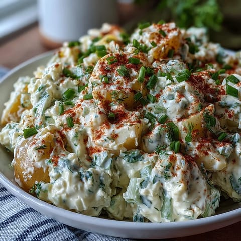 Creamy deviled egg potato salad with tender Yukon Gold potatoes, tangy mustard dressing, and fresh herbs for a perfect picnic side.