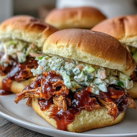Juicy pulled BBQ chicken smothered in tangy sauce, piled high on a soft brioche bun with crisp coleslaw.