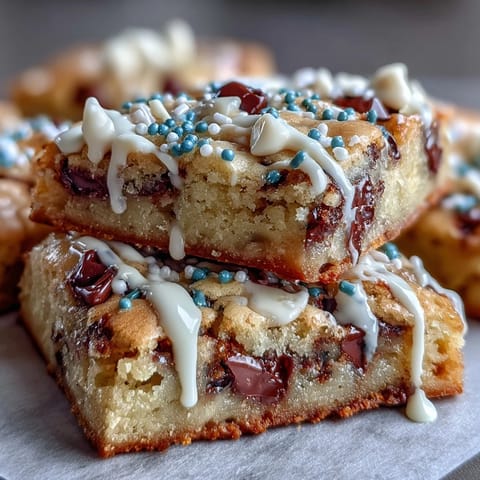 Chewy, chocolate-studded cookie bars with vibrant candy toppings, finished with a decadent white chocolate drizzle.  