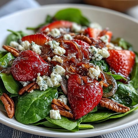Vibrant spinach salad with ripe strawberries, red onion, and candied pecans, drizzled with balsamic vinaigrette.  