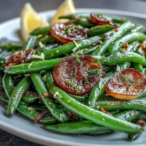 Savory roasted garlic green beans, crisp-tender with a hint of lemon, perfect as an easy vegetarian side dish.