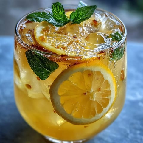 Festive lemonade bar setup with fresh lemon slices, mint sprigs, and bottles of homemade strawberry and blueberry syrups.