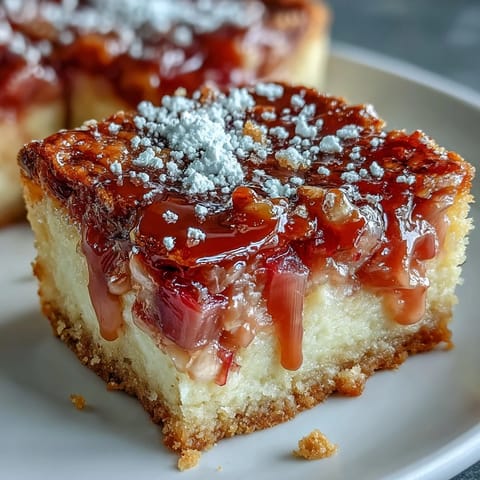 Tangy rhubarb custard bars with a buttery shortbread crust, topped with powdered sugar for a sweet springtime treat.