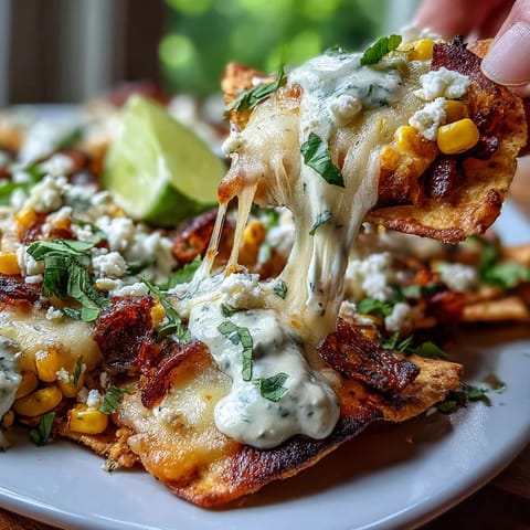 Crispy tortilla chips loaded with charred corn, red onion, jalapeño, and two cheeses, topped with zesty chipotle crema.  