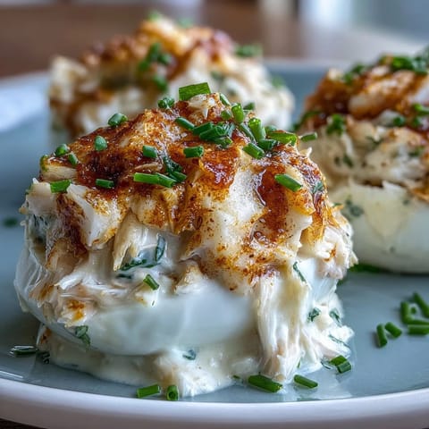 Creamy crab-stuffed deviled eggs topped with Old Bay seasoning for a flavorful seafood appetizer.
