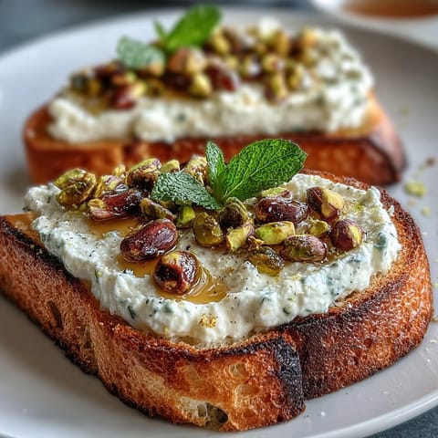 Whipped ricotta toast with honey and pistachios, a creamy, sweet, and crunchy delightful breakfast.
