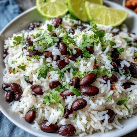 Fluffy coconut lime rice dish with fresh cilantro and hearty black beans.