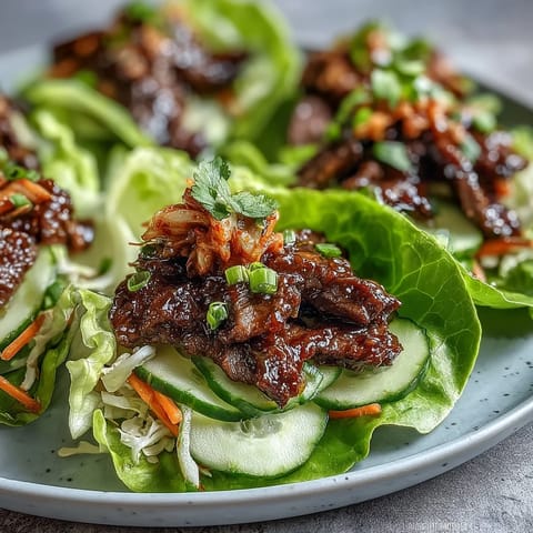 Juicy Korean BBQ beef wraps bursting with crisp lettuce, spicy kimchi, and fresh veggies.