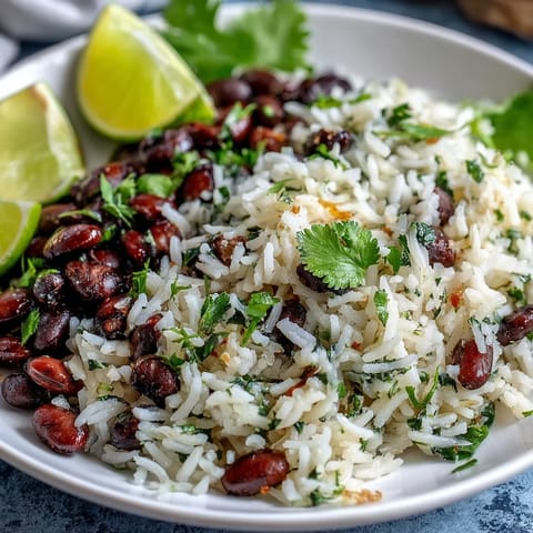 Vibrant coconut lime rice with black beans, cilantro, and lime zest.