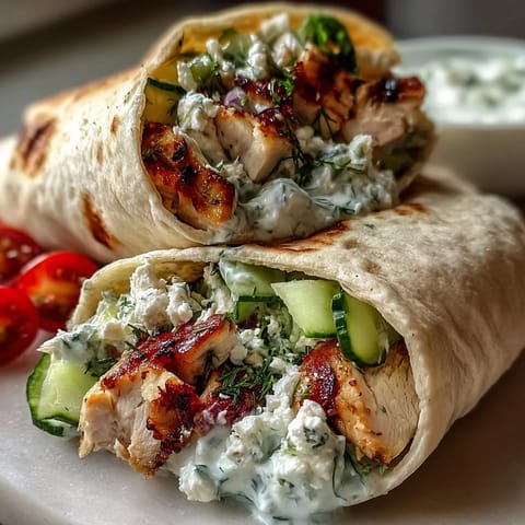 Tzatziki Chicken Wraps: juicy grilled chicken, cool tzatziki, fresh veggies, ready to eat.