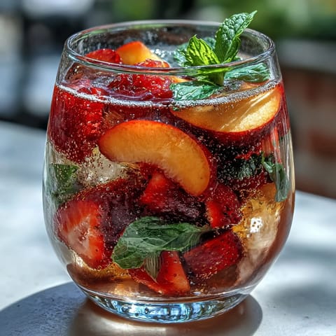 Vibrant Summer Sangria Mocktail with juicy peaches and berries in a glass.