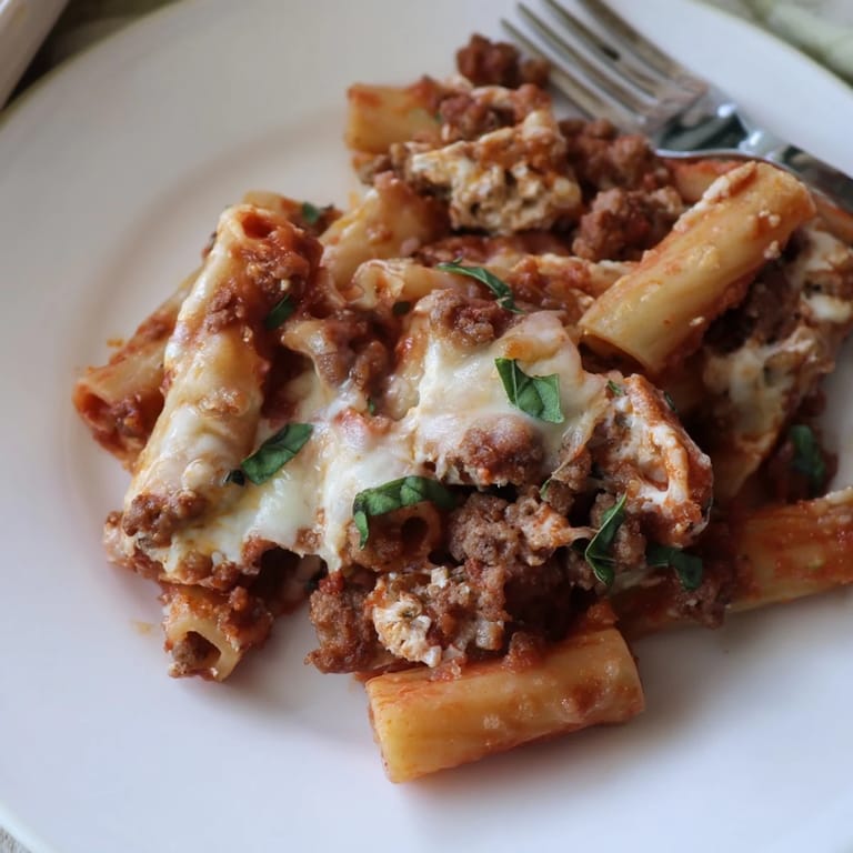 A delicious serving of Baked Ziti with Sausage and Mozzarella, perfect for family dinners.  