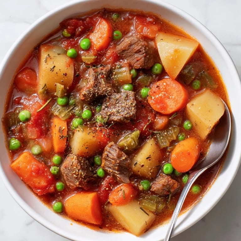 Slow cooker beef and vegetable stew, perfect for cozy family dinners.  