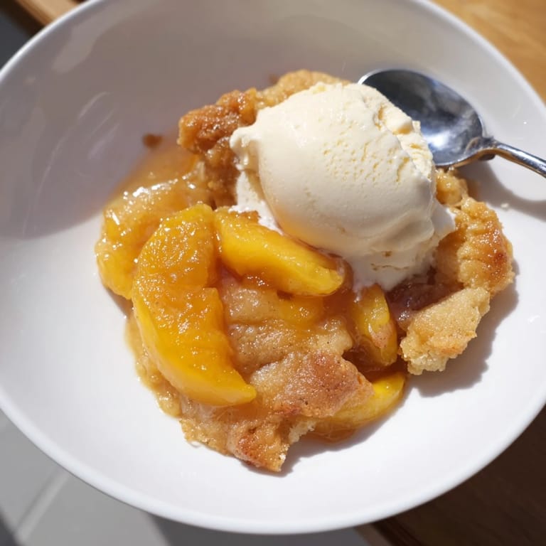 Delicious slices of Buttery Peach Cobbler, drizzled with cream and sprinkled cinnamon.