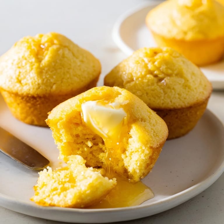 Deliciously moist cornbread muffins drizzled with creamy honey butter on a plate.  