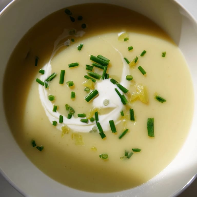 Velvety Potato Leek Soup garnished with chives, invitingly served with crusty bread on the side.
