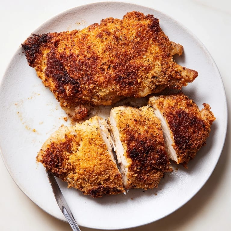 Golden brown Crispy Oven-Fried Chicken Thighs, perfectly crunchy and juicy, ready to enjoy. 