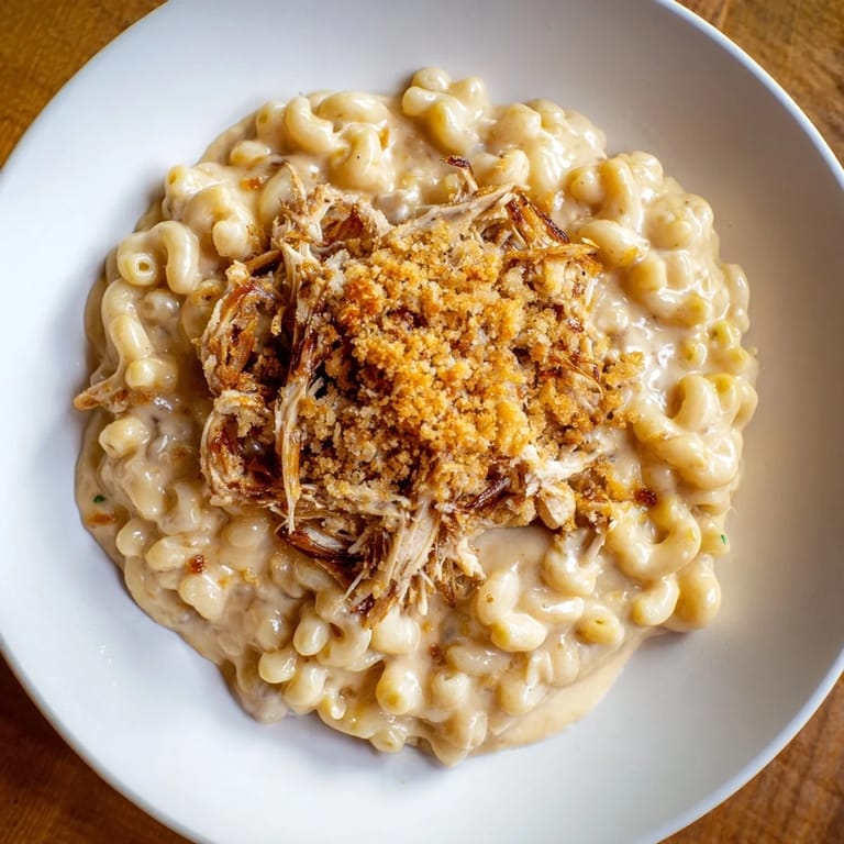 A generous serving of Classic Mac & Cheese with BBQ Chicken featuring a smoky, tender topping.