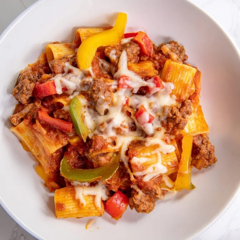 This close-up shows the hearty Baked Rigatoni with Sausage & Peppers, ready to be served.