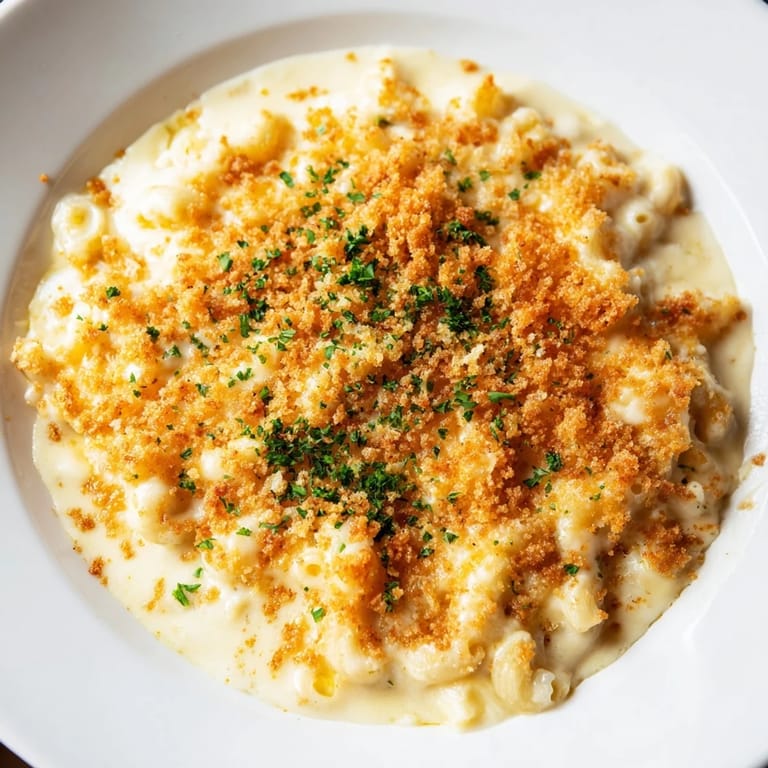 Savory Truffle Macaroni & Cheese, cooked until bubbly, offers a decadent and cheesy dinner experience.