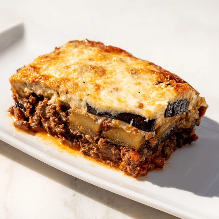 A hearty slice of moussaka, showcasing tender eggplant, spiced beef, and rich, bubbly topping.