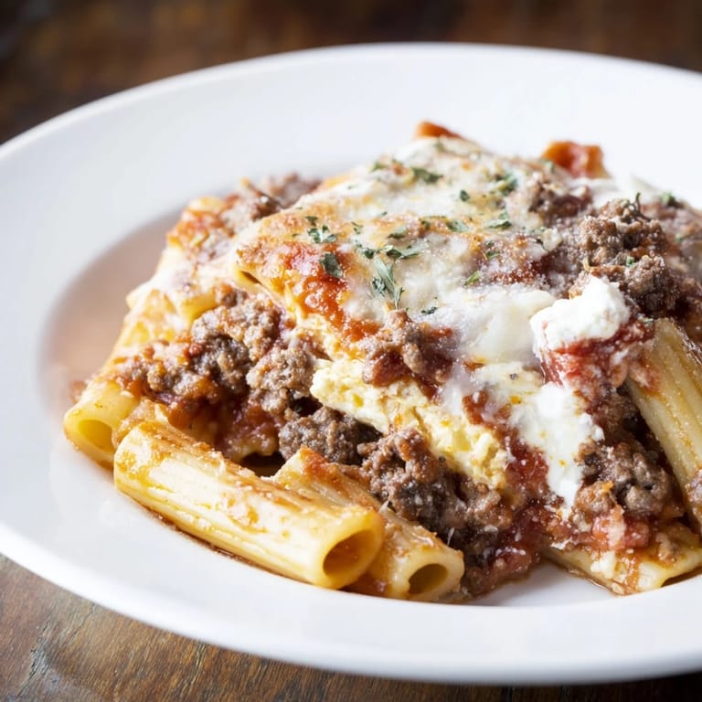 Golden, bubbly top on this comforting Baked Ziti with Meat Sauce, perfect for a family dinner.