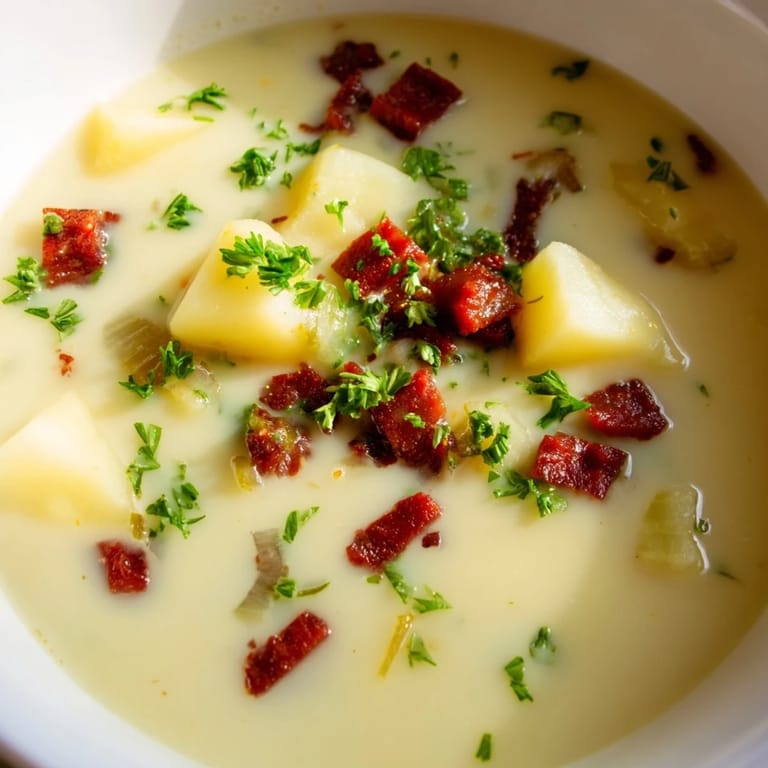 A comforting close-up of Potato, Leek & Chorizo Soup, revealing the hearty texture and rich broth.