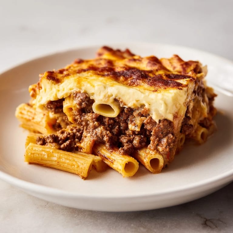 A generous slice of flavorful Pastitsio, layers of spiced meat sauce and pasta, topped with golden béchamel.